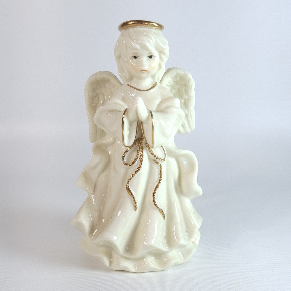 Vintage Ceramic Praying Angel Child Off-White Gold Statuette